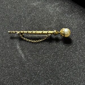 Vintage Gold Wand Tie Pin – Faux Pearl, 3.5” Long